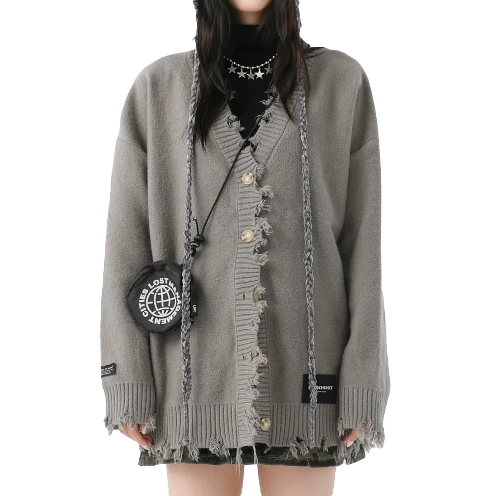 Destructive V-neck Cardigan Sweater