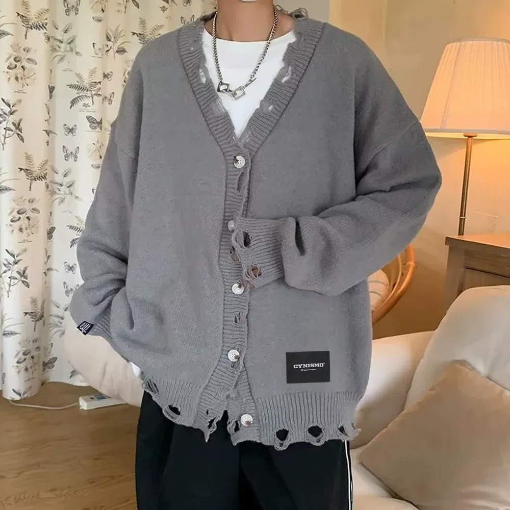 Destructive V-neck Cardigan Sweater