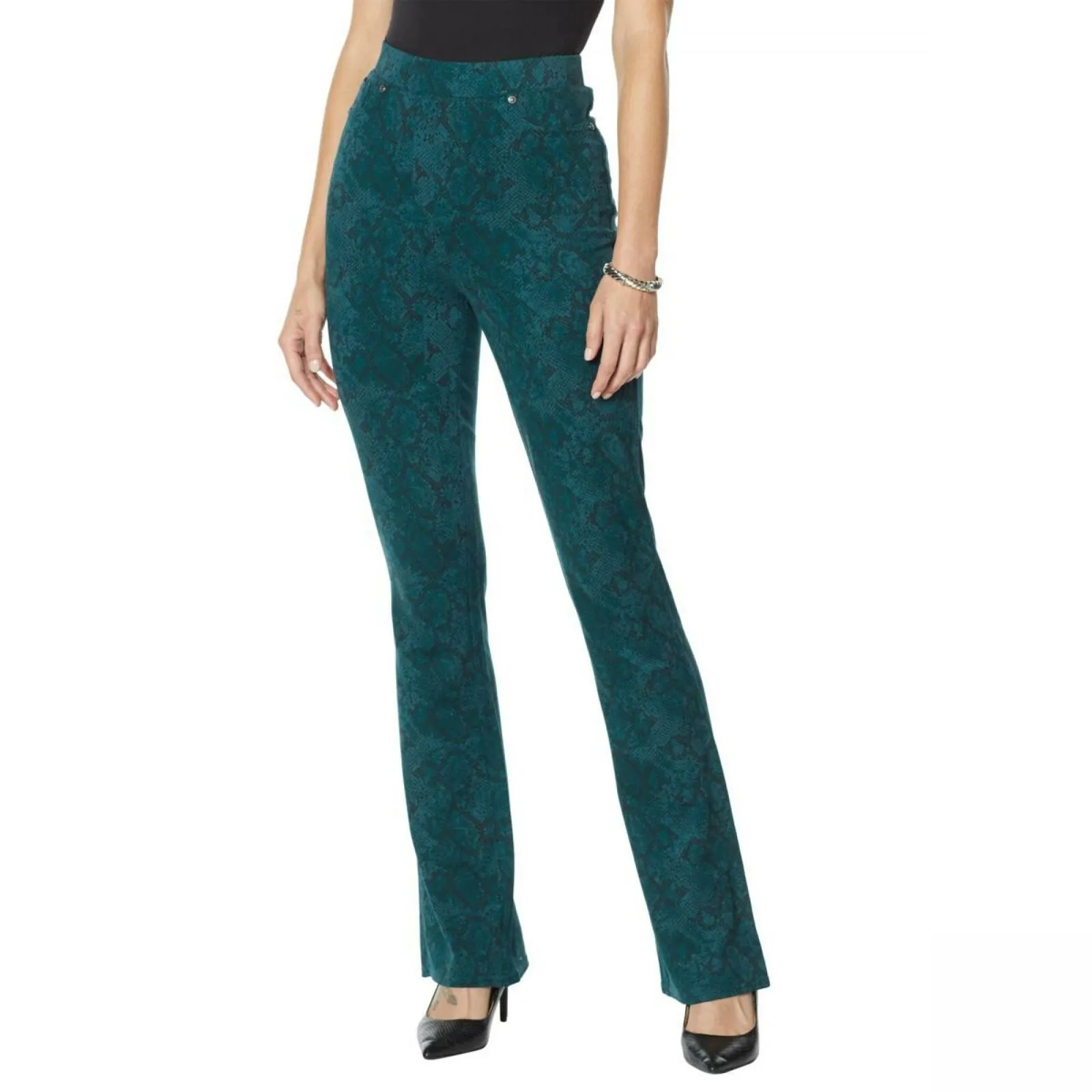 DG2 by Diane Gilman Pull On Ponte Boot Cut Pants Green Snake Petite Medium