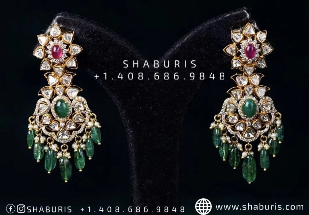 Diamond Jhumka emerald bead polki stones ruby gemstone earrings bridal earrings diamond jewelry silver jewelry indian jewelry - SHABURIS