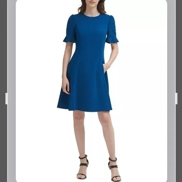DKNY Button Sleeve Flounce Fit &amp; Flare Dress in Blue Size 4