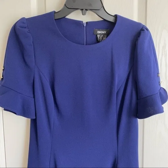 DKNY Button Sleeve Flounce Fit &amp; Flare Dress in Blue Size 4