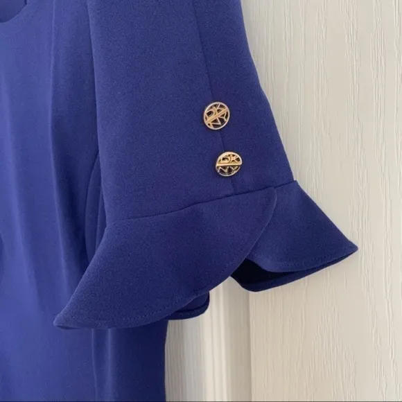 DKNY Button Sleeve Flounce Fit &amp; Flare Dress in Blue Size 4