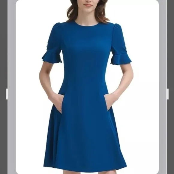 DKNY Button Sleeve Flounce Fit &amp; Flare Dress in Blue Size 4