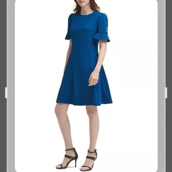 DKNY Button Sleeve Flounce Fit &amp; Flare Dress in Blue Size 4