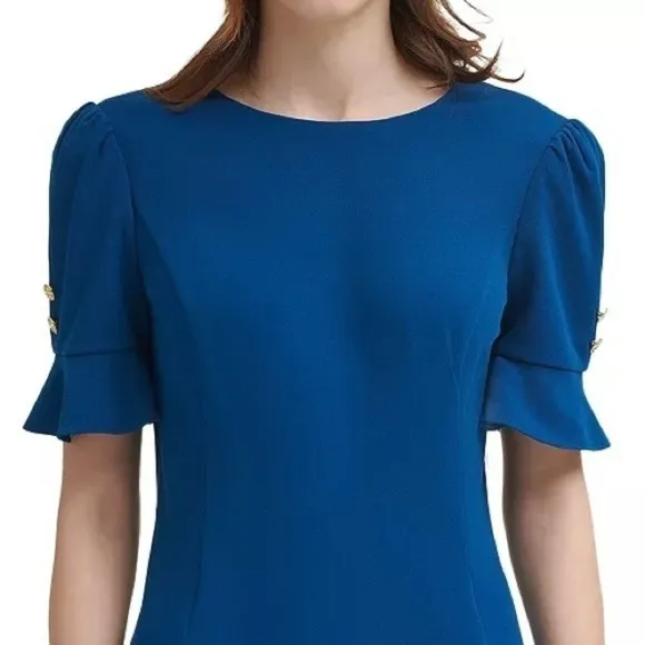 DKNY Button Sleeve Flounce Fit &amp; Flare Dress in Blue Size 4