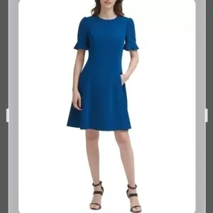 DKNY Button Sleeve Flounce Fit &amp; Flare Dress in Blue Size 4