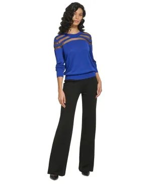 DKNY Women's Mesh Striped Yoke Crewneck Sweater P2JSCA70 Deep Cobalt Blue XL