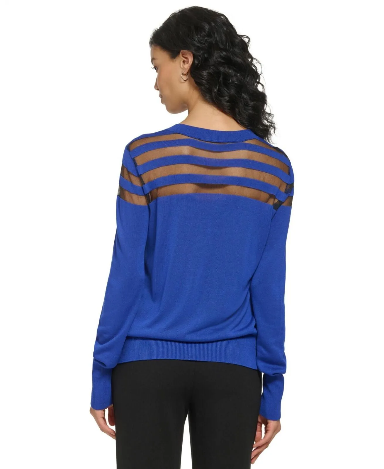 DKNY Women's Mesh Striped Yoke Crewneck Sweater P2JSCA70 Deep Cobalt Blue XL