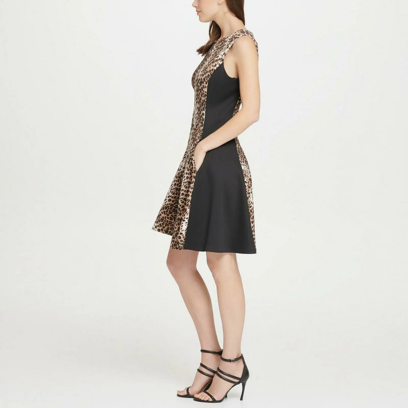 DKNY Women's Scuba Colorblock Animal Print Fit and Flare Dress