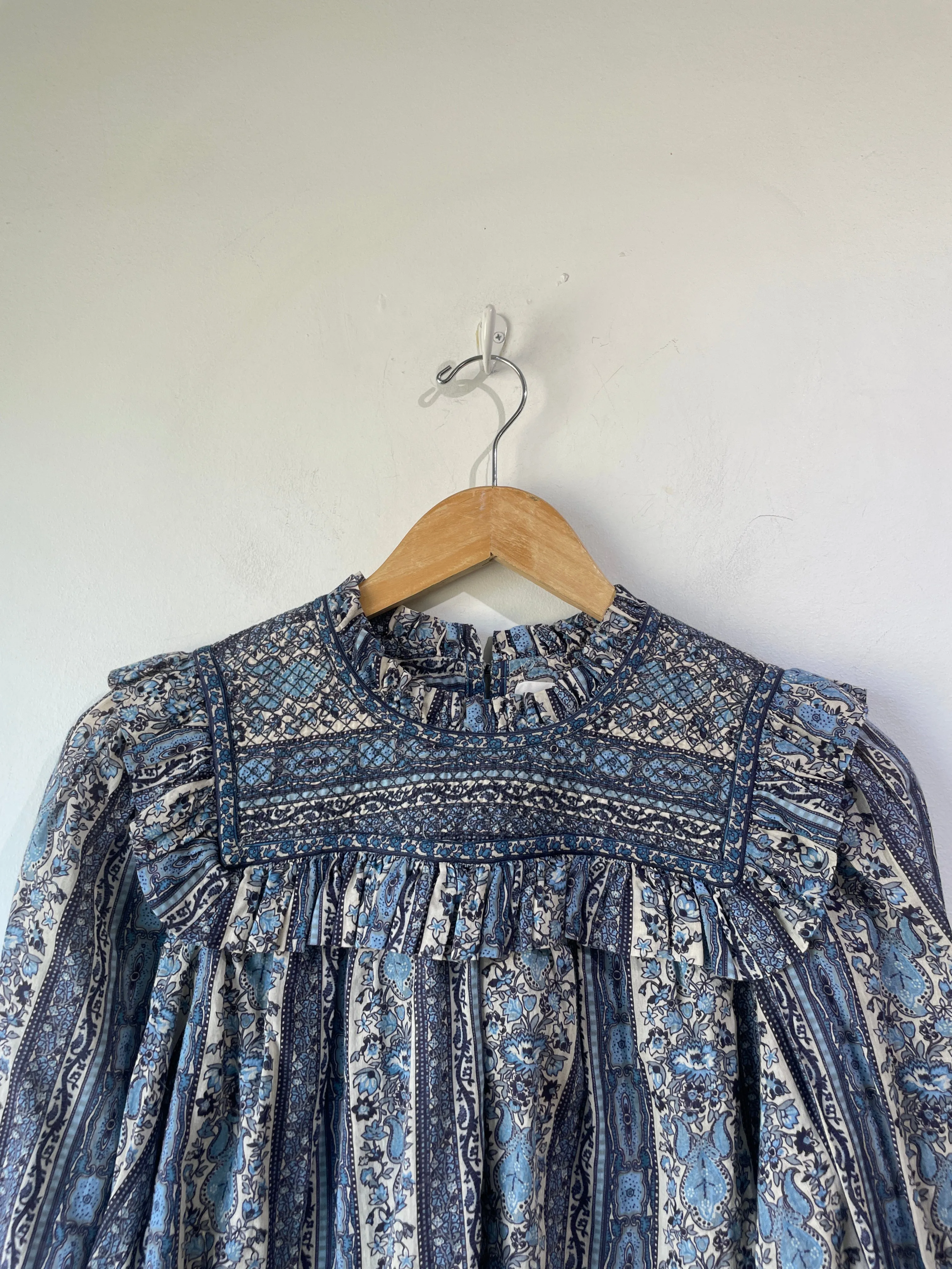 Doen Blue Paisley Ruffle Bridger Blouse