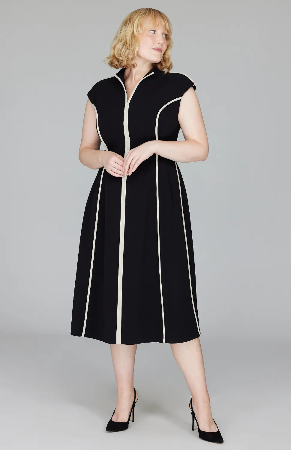 Double Face Cap Sleeve Fit & Flare Dress w/Contrast Bias