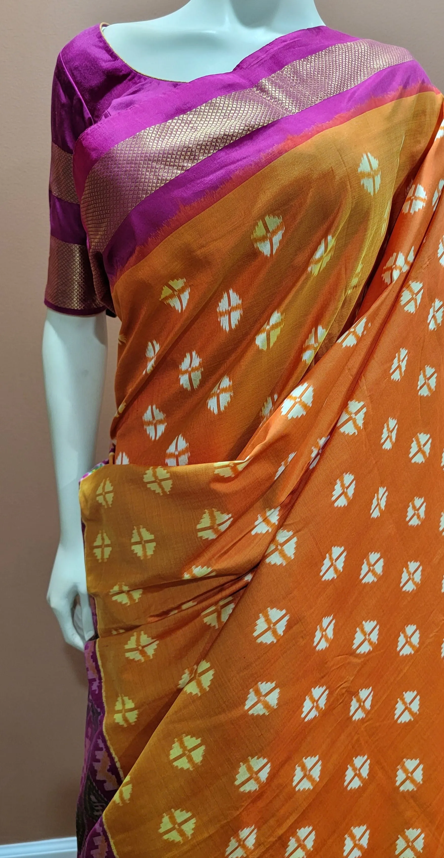 Double Ikkath Silk Saree w/ blouse in Orange and Pink