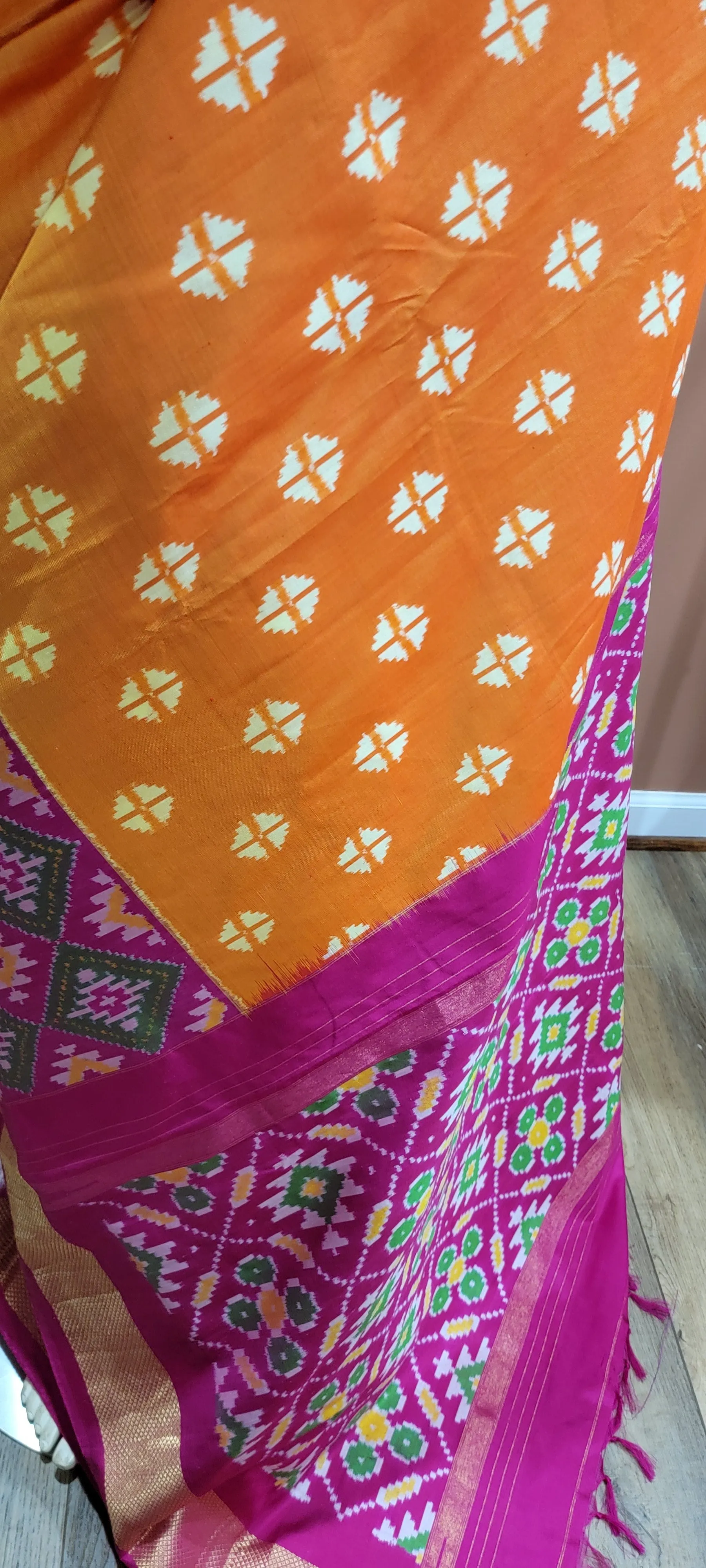 Double Ikkath Silk Saree w/ blouse in Orange and Pink