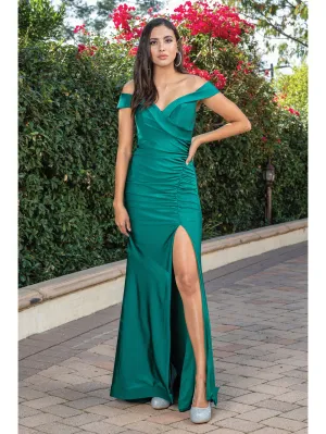 DQ 4278 - Off The Shoulder Stretch Jersey Fit & Flare Prom Gown with Ruched Bodice & Leg Slit