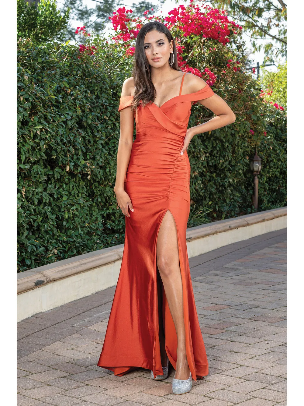 DQ 4278 - Off The Shoulder Stretch Jersey Fit & Flare Prom Gown with Ruched Bodice & Leg Slit