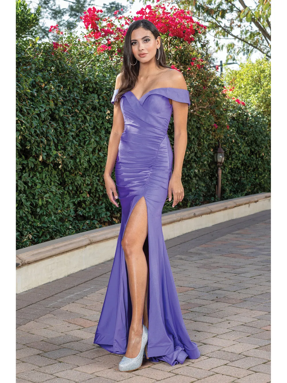DQ 4278 - Off The Shoulder Stretch Jersey Fit & Flare Prom Gown with Ruched Bodice & Leg Slit