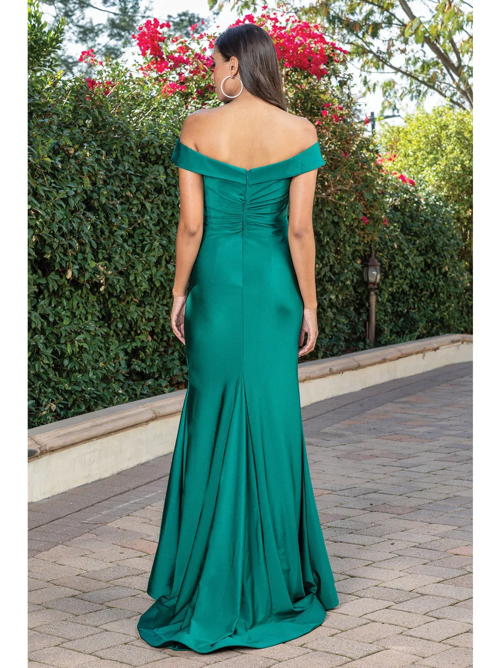 DQ 4278 - Off The Shoulder Stretch Jersey Fit & Flare Prom Gown with Ruched Bodice & Leg Slit