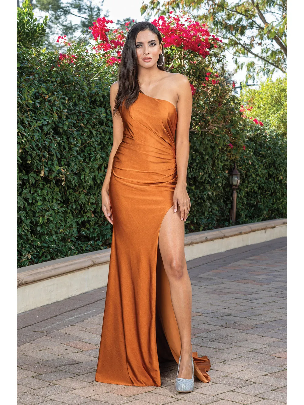 DQ 4299 -  One Shoulder Fit & Flare Prom Gown with Leg Slit & Open Corset Back