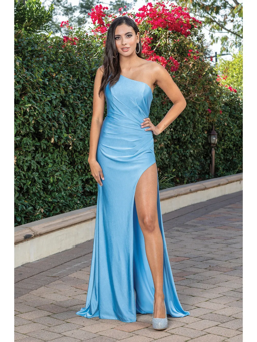 DQ 4299 -  One Shoulder Fit & Flare Prom Gown with Leg Slit & Open Corset Back