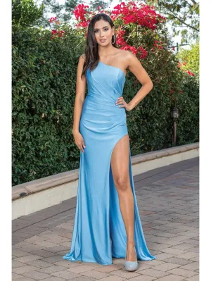 DQ 4299 -  One Shoulder Fit & Flare Prom Gown with Leg Slit & Open Corset Back
