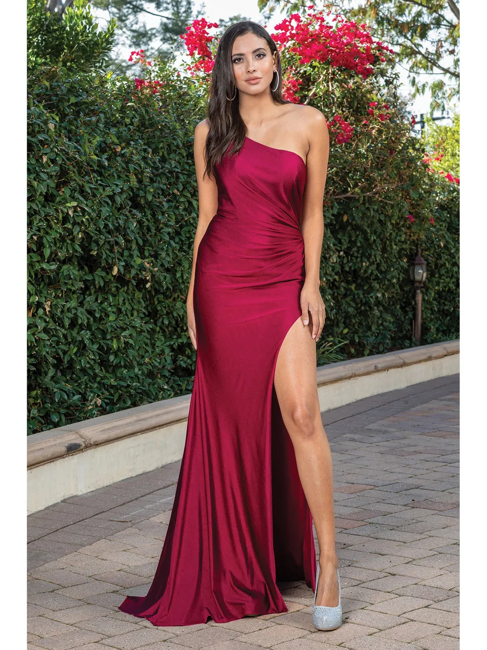 DQ 4299 -  One Shoulder Fit & Flare Prom Gown with Leg Slit & Open Corset Back