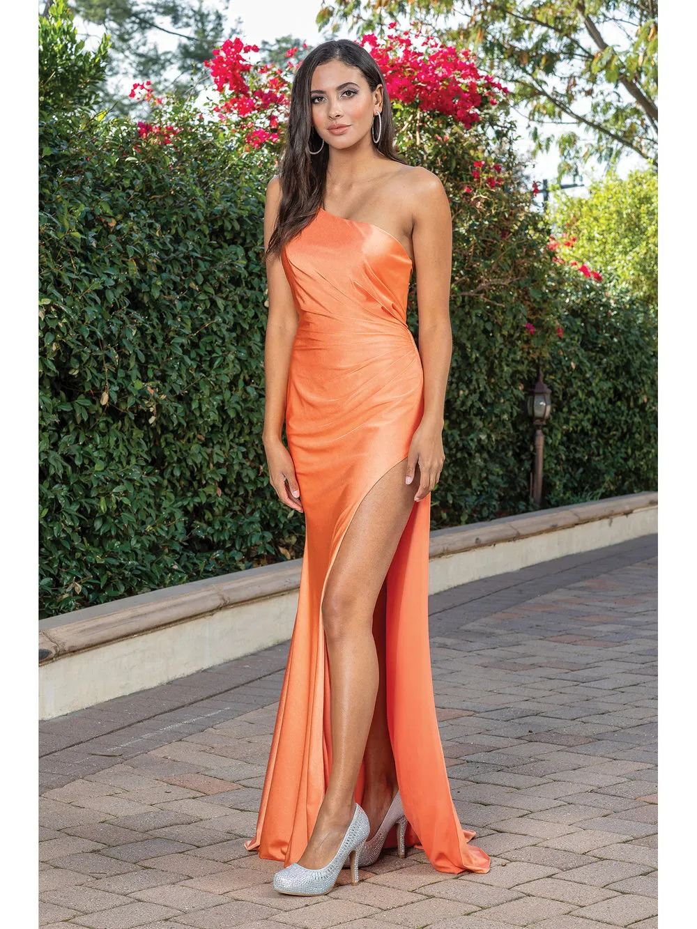 DQ 4299 -  One Shoulder Fit & Flare Prom Gown with Leg Slit & Open Corset Back