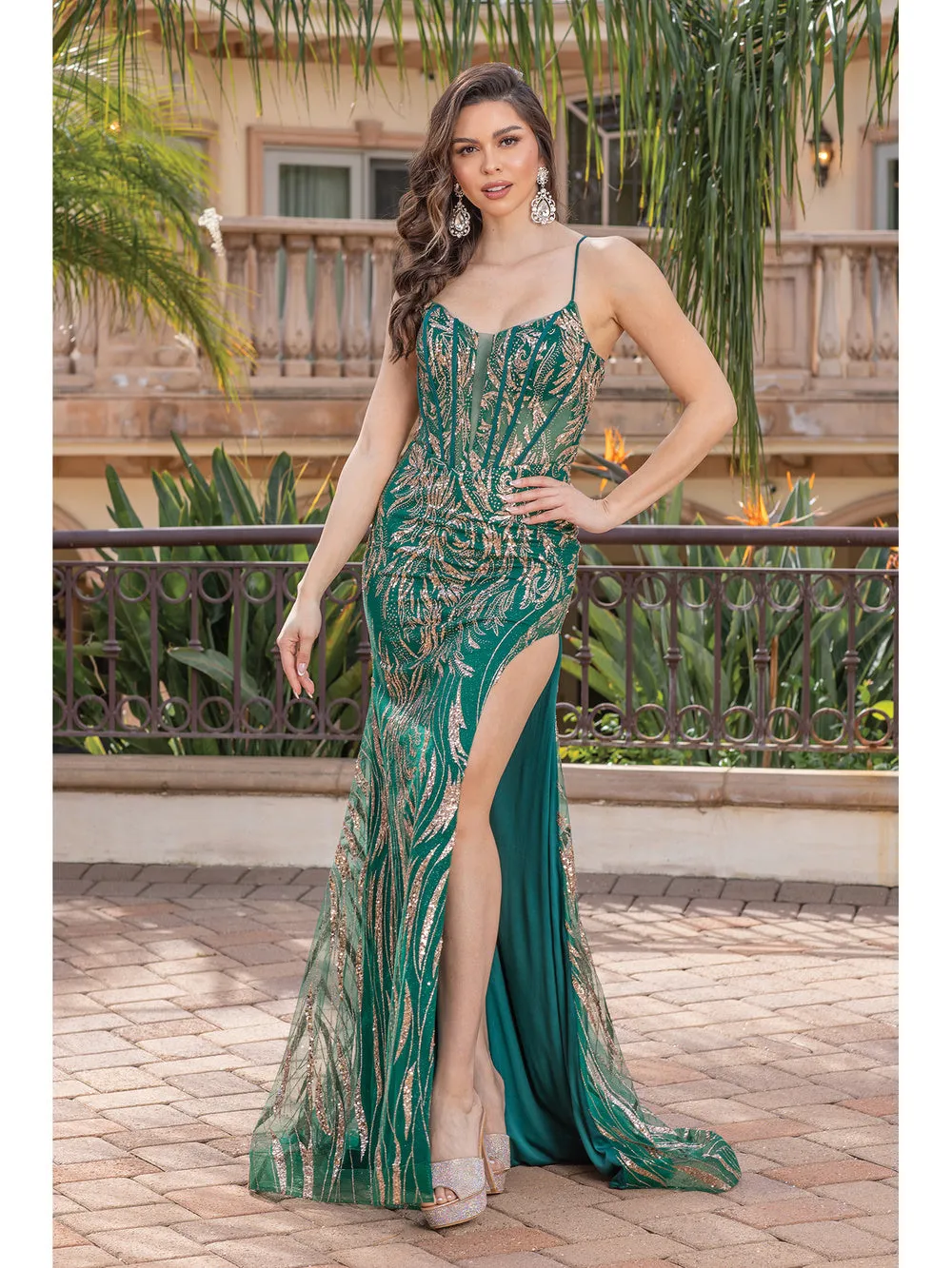 DQ 4334 - Glitter Pattern Fit & Flare Prom Gown with Boned Bodice Corset Back & Leg Slit