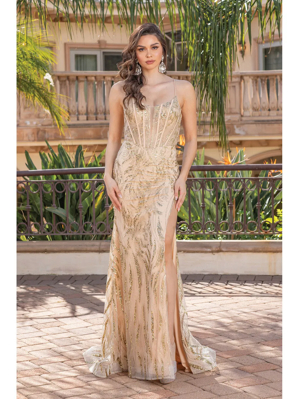 DQ 4334 - Glitter Pattern Fit & Flare Prom Gown with Boned Bodice Corset Back & Leg Slit