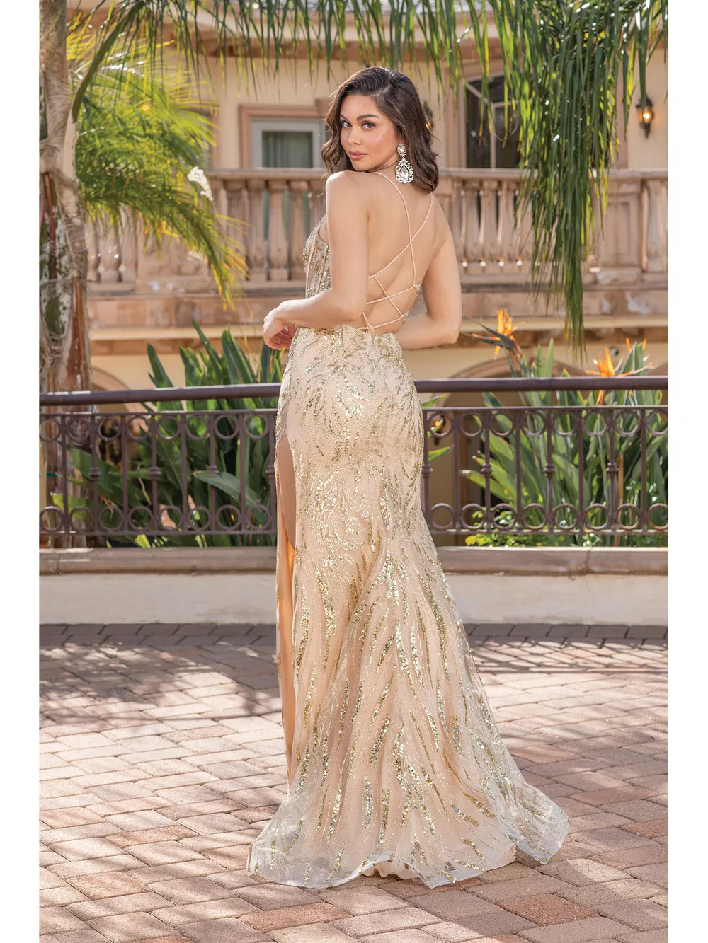 DQ 4334 - Glitter Pattern Fit & Flare Prom Gown with Boned Bodice Corset Back & Leg Slit