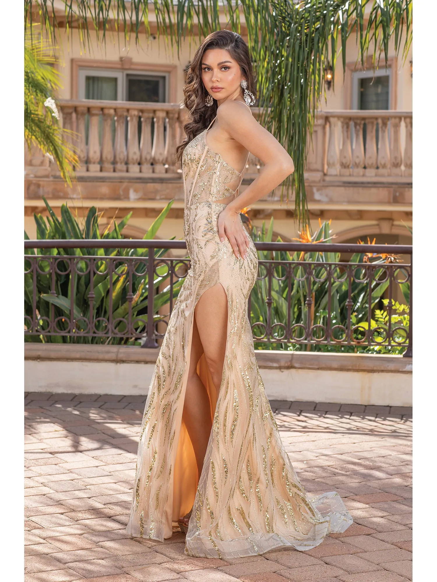 DQ 4334 - Glitter Pattern Fit & Flare Prom Gown with Boned Bodice Corset Back & Leg Slit
