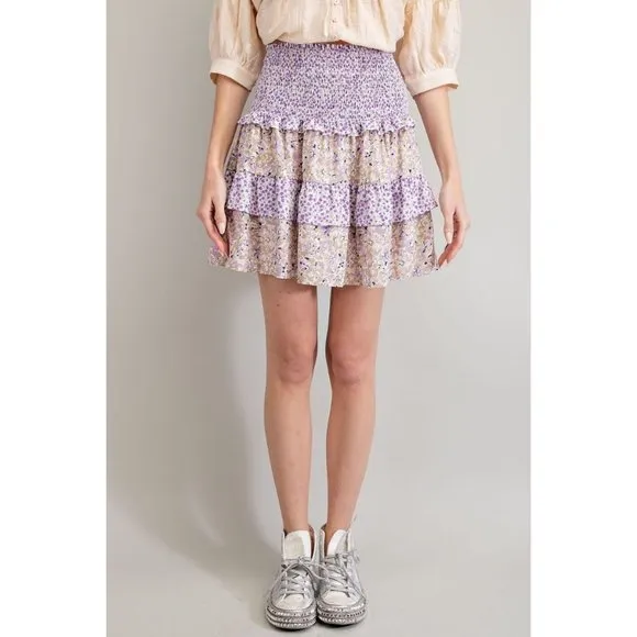 Easel Lilac Taupe  Mix Floral Print Smocked Waistband Tiered Rayon Mini Skirt