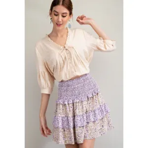 Easel Lilac Taupe  Mix Floral Print Smocked Waistband Tiered Rayon Mini Skirt