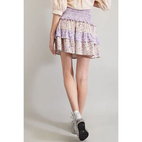Easel Lilac Taupe  Mix Floral Print Smocked Waistband Tiered Rayon Mini Skirt