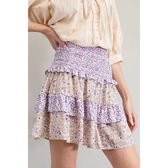 Easel Lilac Taupe  Mix Floral Print Smocked Waistband Tiered Rayon Mini Skirt