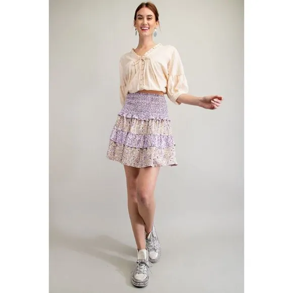 Easel Lilac Taupe  Mix Floral Print Smocked Waistband Tiered Rayon Mini Skirt