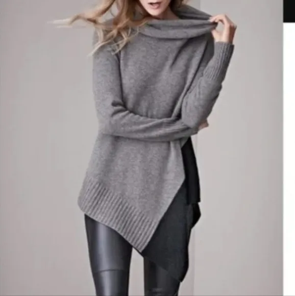 Eileen Fisher Gray and Black Wool Yak Asymmetric Sweater
