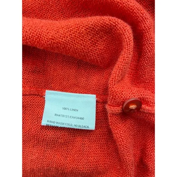Eileen Fisher M Medium Cardigan Sweater Red Orange Linen V neck Button Front