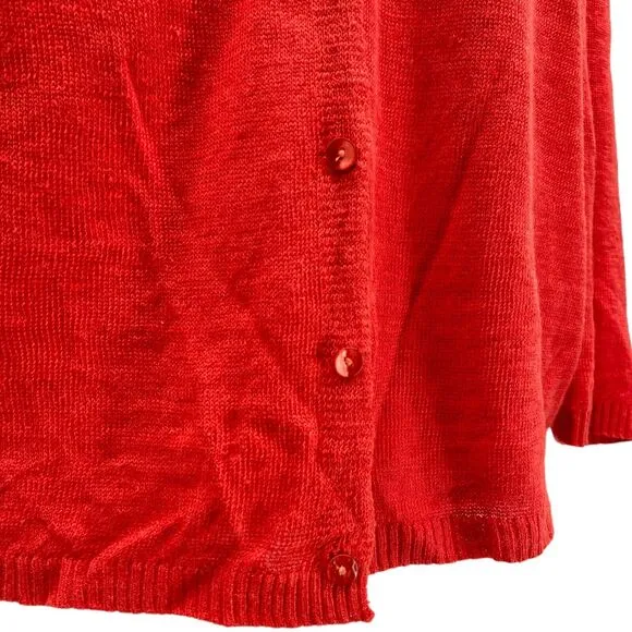 Eileen Fisher M Medium Cardigan Sweater Red Orange Linen V neck Button Front