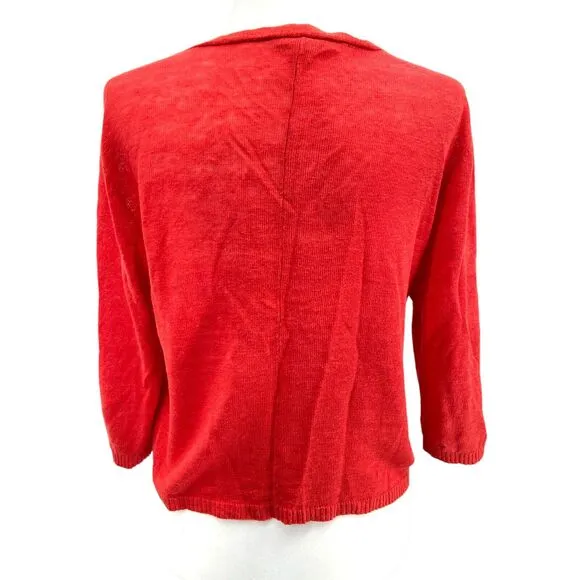 Eileen Fisher M Medium Cardigan Sweater Red Orange Linen V neck Button Front