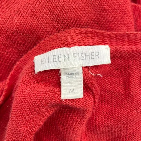 Eileen Fisher M Medium Cardigan Sweater Red Orange Linen V neck Button Front