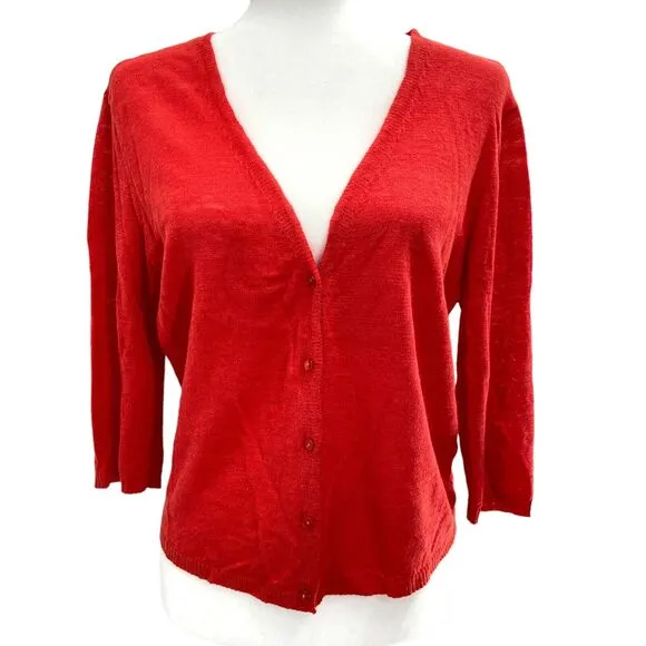 Eileen Fisher M Medium Cardigan Sweater Red Orange Linen V neck Button Front