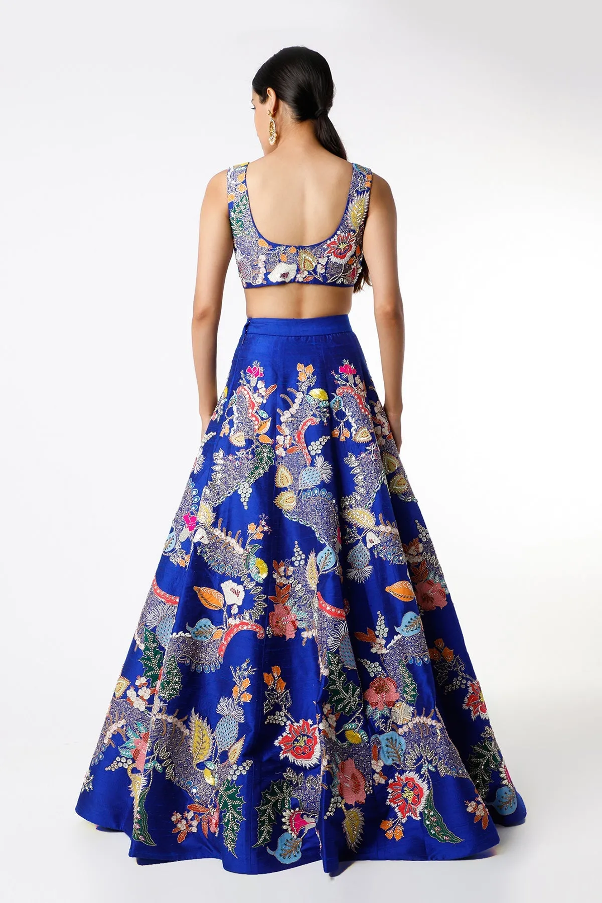 Electric Blue Juna Raw Silk Appliquéd And Embellished Lehenga With Blouse And Cutwork Tulle Dupatta