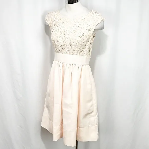 Eliza J Blush Lace &amp; Faille Dress‎ Size 2 Yoke Neck Babydoll Pink