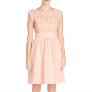 Eliza J Blush Lace &amp; Faille Dress‎ Size 2 Yoke Neck Babydoll Pink