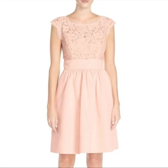 Eliza J Blush Lace &amp; Faille Dress‎ Size 2 Yoke Neck Babydoll Pink