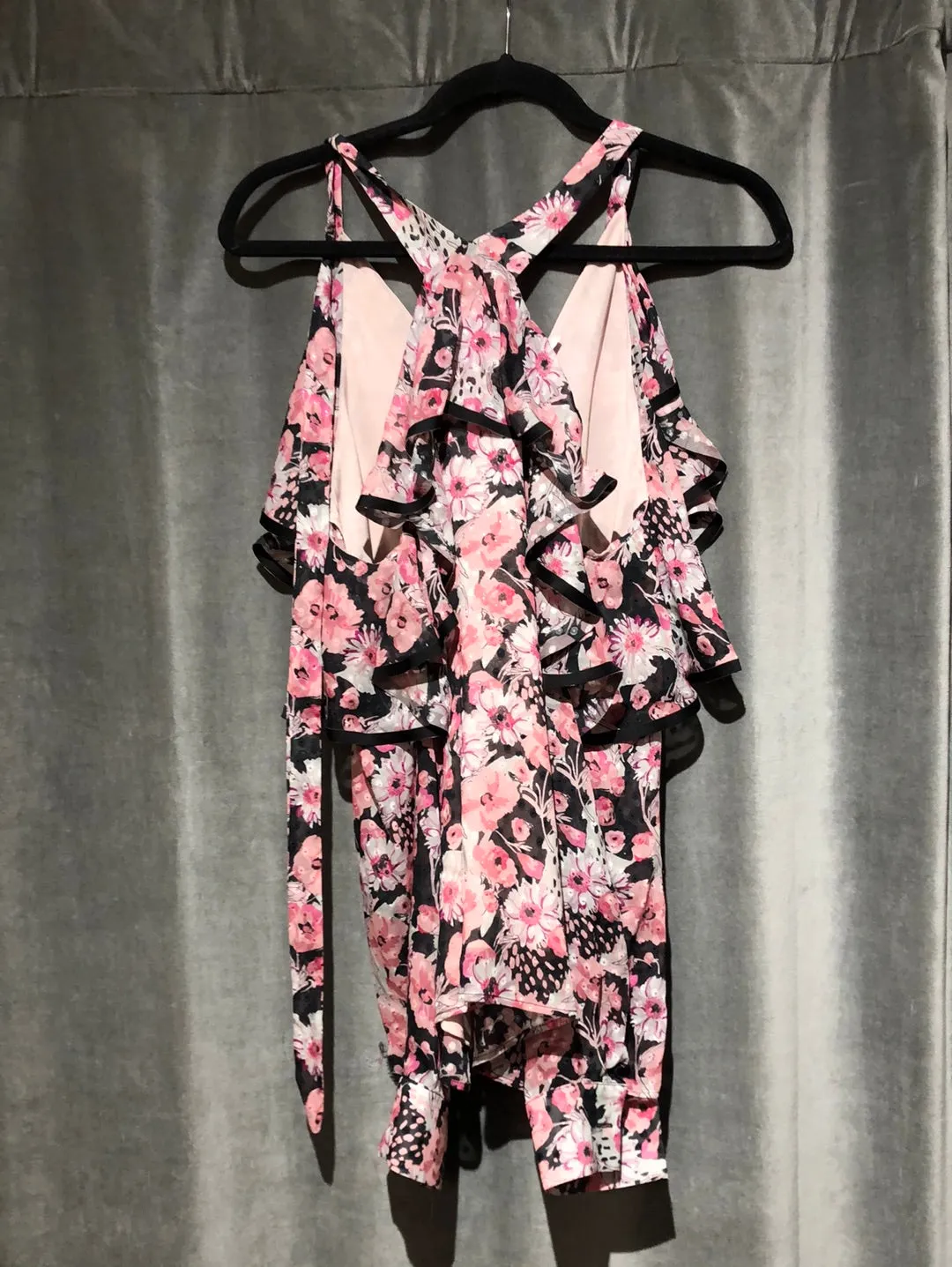 Emanuel Ungaro Pink Floral Ruffle Halter NeckCold Shoulder Long Sleeve Blouse