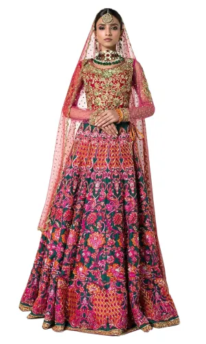 Emerald Green Wedding Lehenga Choli with Pink and Orange Embroidery