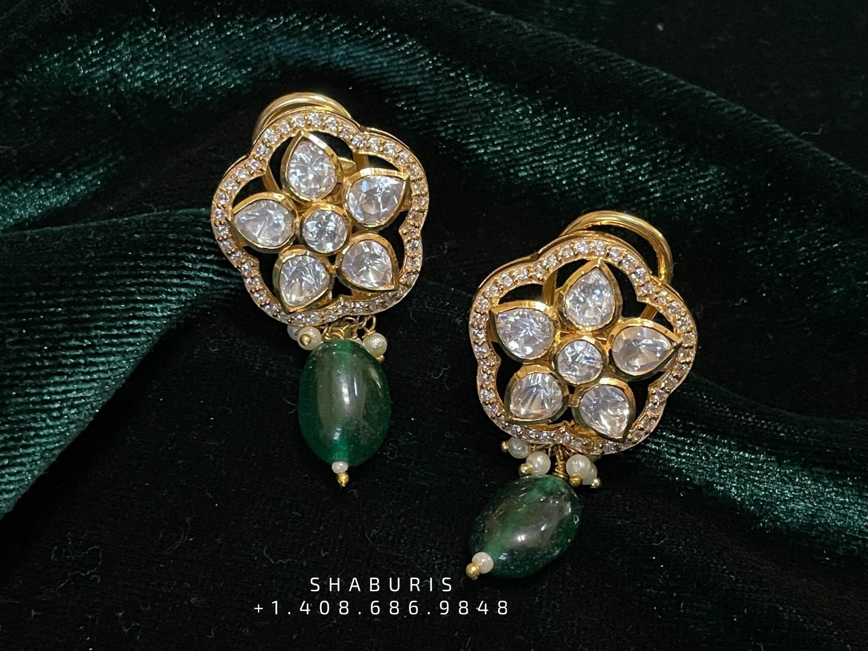 Emerald stud,polki stud,polki diamond jewelry in silver,big studs,indian jewelry,statement jewelry-SHABURIS