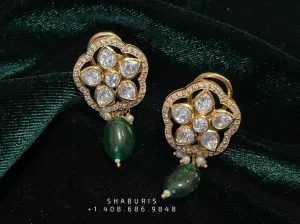 Emerald stud,polki stud,polki diamond jewelry in silver,big studs,indian jewelry,statement jewelry-SHABURIS